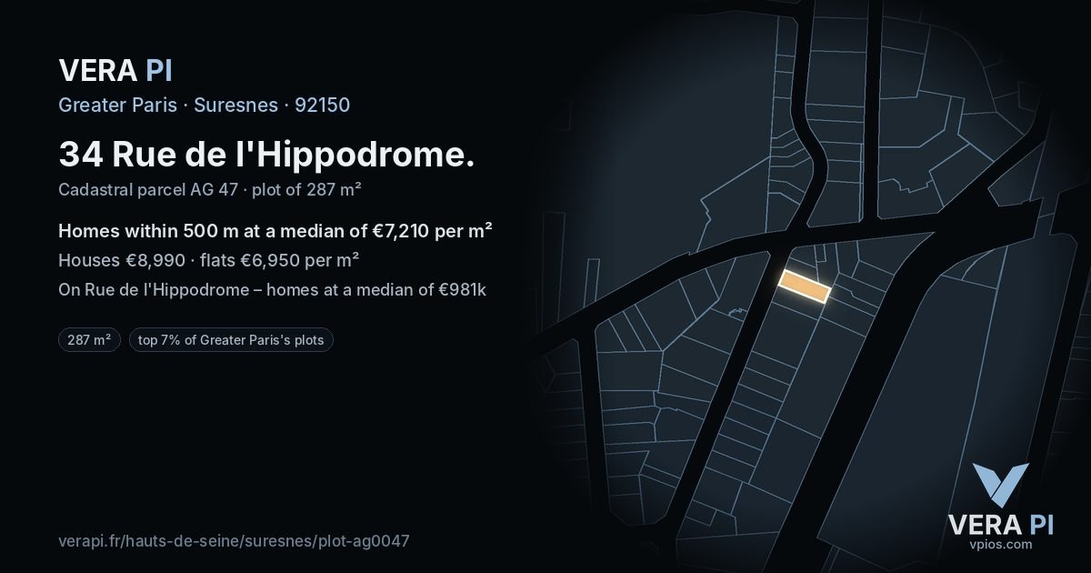 34 Rue de l'Hippodrome, Suresnes at night – the plot lit, the parcels around coloured by the prices near them