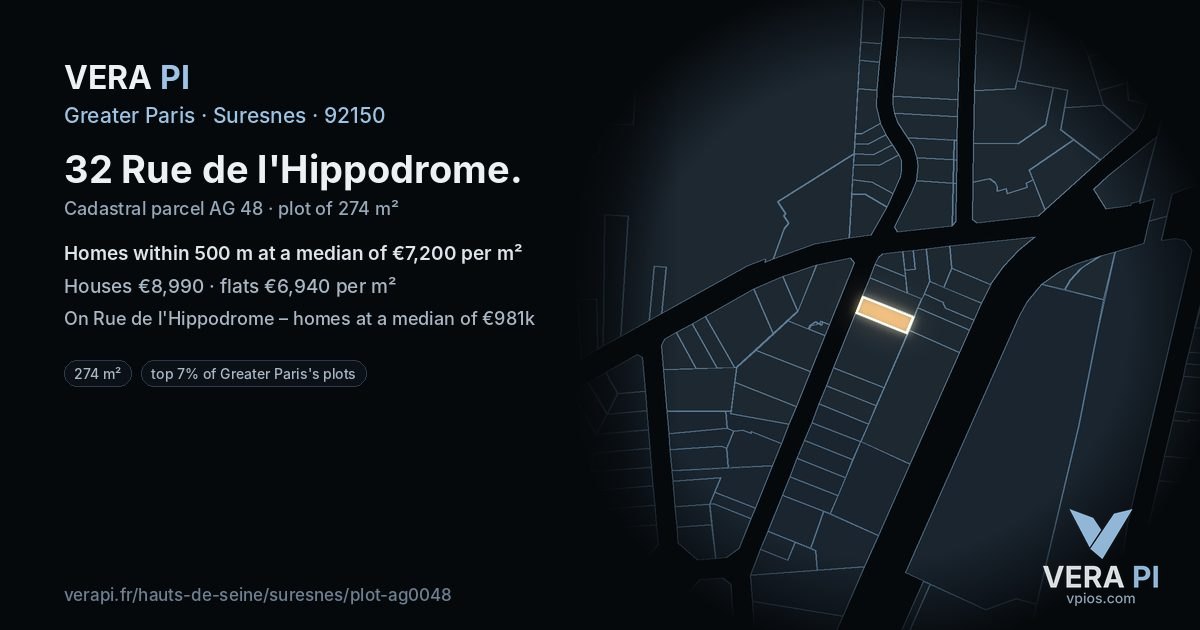 32 Rue de l'Hippodrome, Suresnes at night – the plot lit, the parcels around coloured by the prices near them