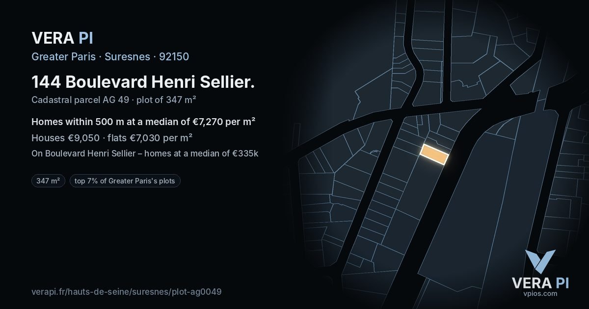 144 Boulevard Henri Sellier, Suresnes at night – the plot lit, the parcels around coloured by the prices near them