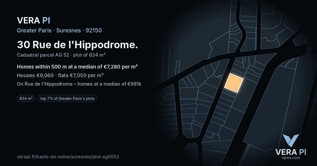 30 Rue de l'Hippodrome, Suresnes at night – the plot lit, the parcels around coloured by the prices near them