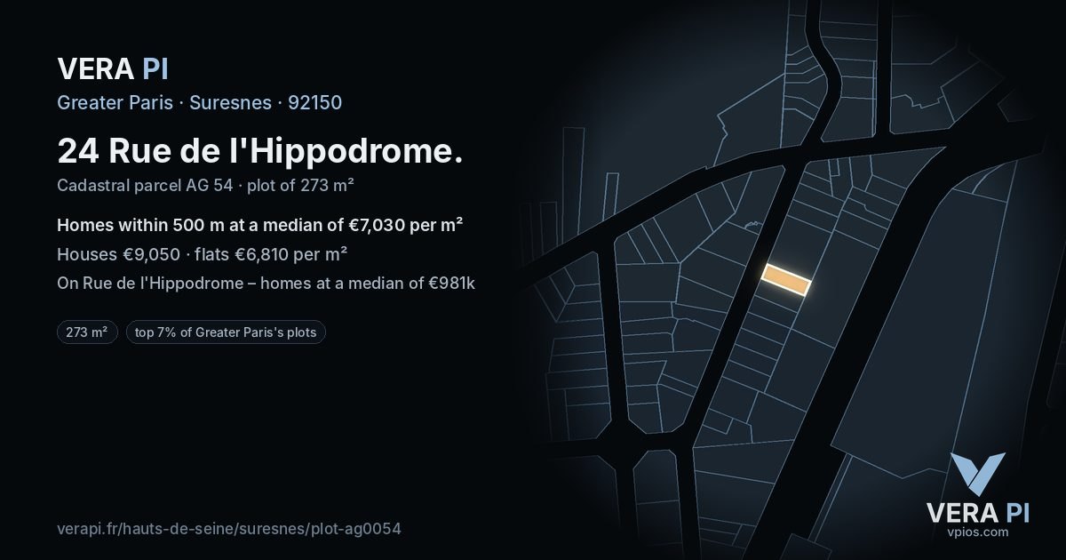 24 Rue de l'Hippodrome, Suresnes at night – the plot lit, the parcels around coloured by the prices near them