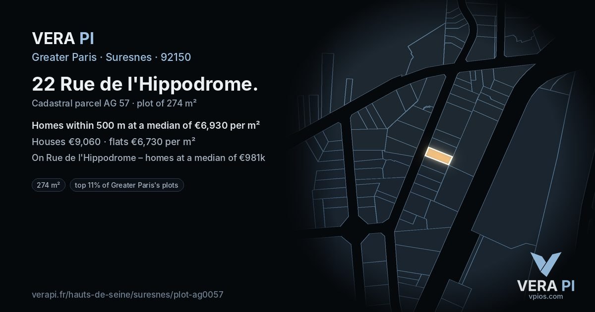22 Rue de l'Hippodrome, Suresnes at night – the plot lit, the parcels around coloured by the prices near them