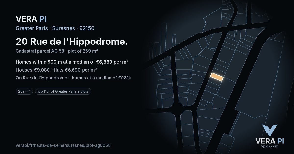 20 Rue de l'Hippodrome, Suresnes at night – the plot lit, the parcels around coloured by the prices near them