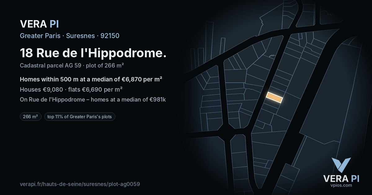 18 Rue de l'Hippodrome, Suresnes at night – the plot lit, the parcels around coloured by the prices near them