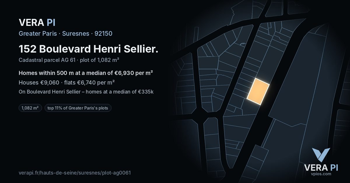 152 Boulevard Henri Sellier, Suresnes at night – the plot lit, the parcels around coloured by the prices near them