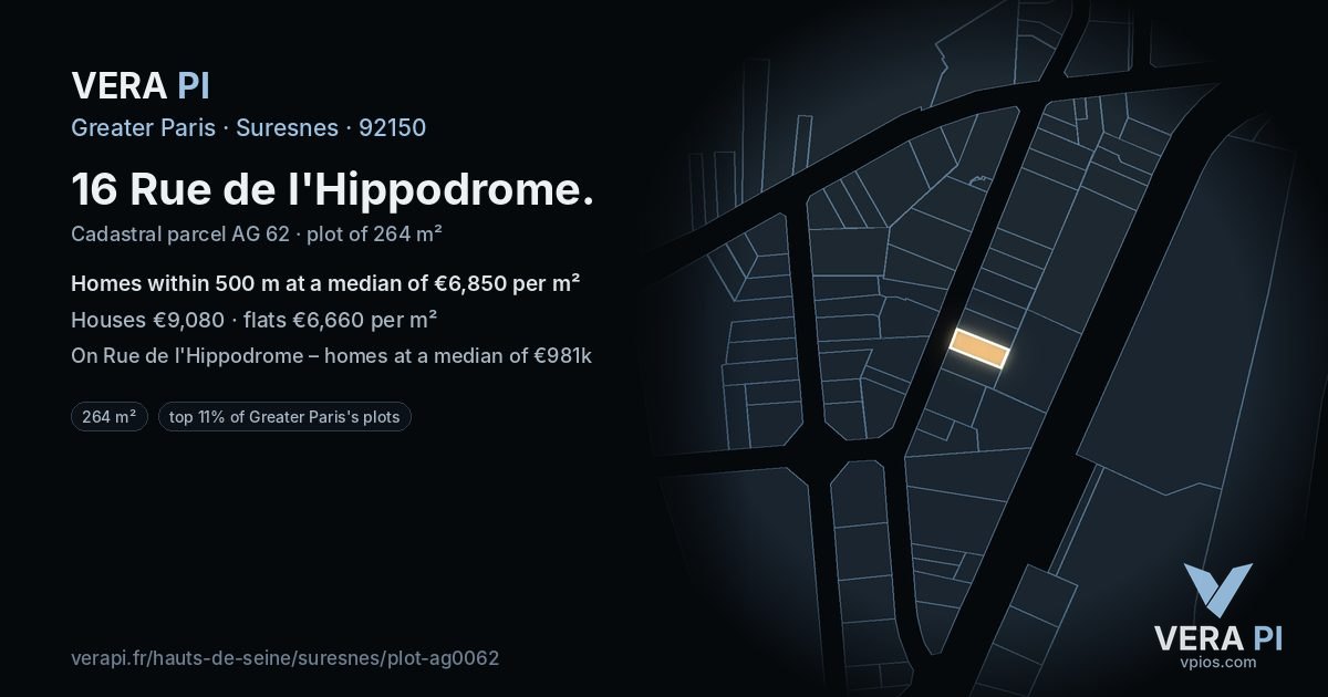 16 Rue de l'Hippodrome, Suresnes at night – the plot lit, the parcels around coloured by the prices near them