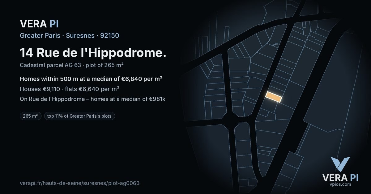 14 Rue de l'Hippodrome, Suresnes at night – the plot lit, the parcels around coloured by the prices near them