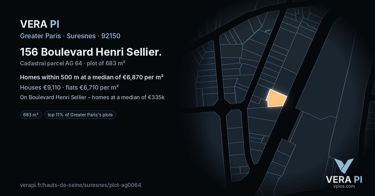 156 Boulevard Henri Sellier, Suresnes at night – the plot lit, the parcels around coloured by the prices near them