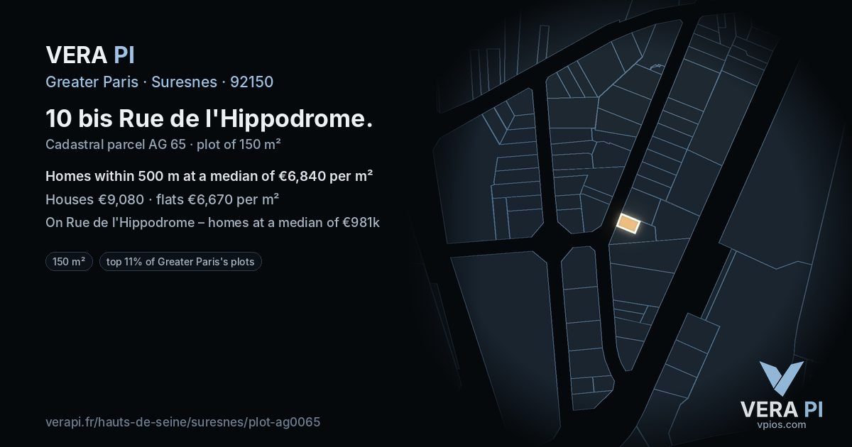 10 bis Rue de l'Hippodrome, Suresnes at night – the plot lit, the parcels around coloured by the prices near them