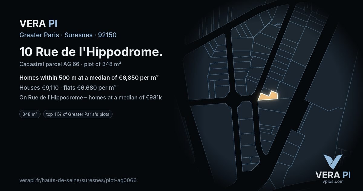 10 Rue de l'Hippodrome, Suresnes at night – the plot lit, the parcels around coloured by the prices near them