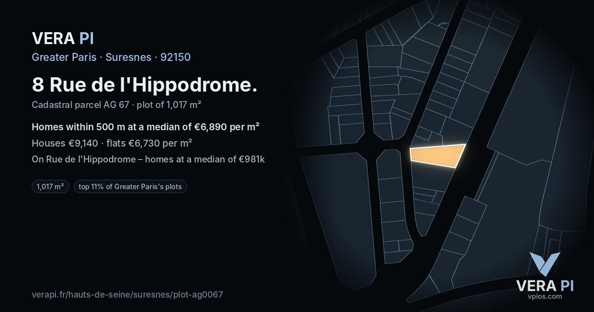8 Rue de l'Hippodrome, Suresnes at night – the plot lit, the parcels around coloured by the prices near them