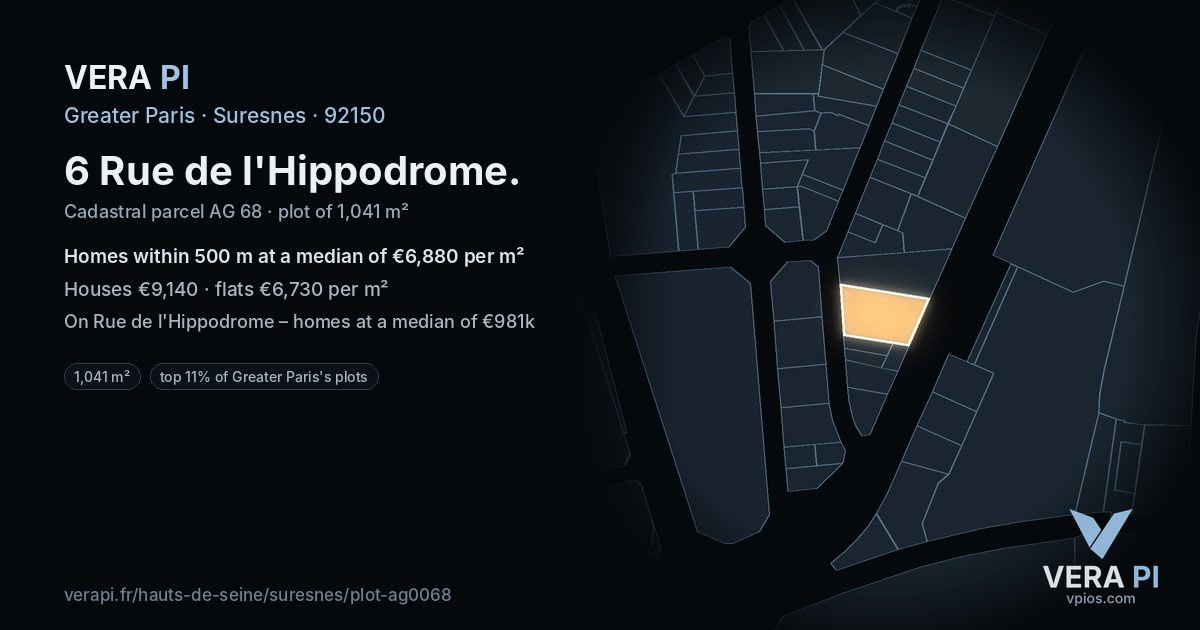 6 Rue de l'Hippodrome, Suresnes at night – the plot lit, the parcels around coloured by the prices near them