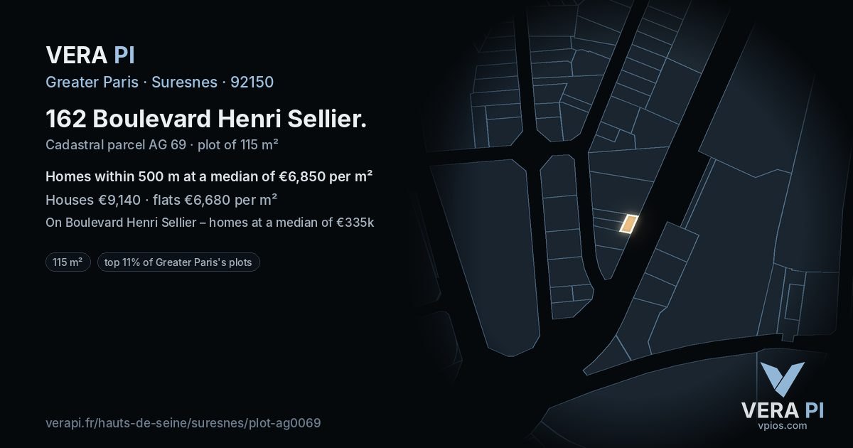 162 Boulevard Henri Sellier, Suresnes at night – the plot lit, the parcels around coloured by the prices near them