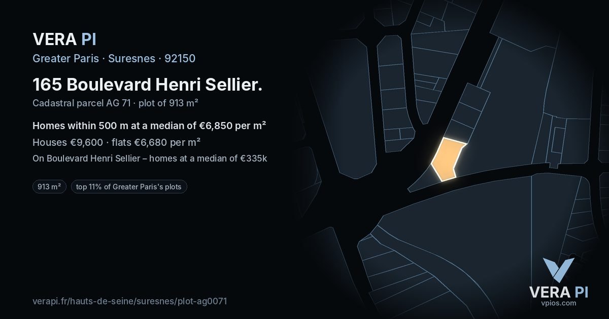 165 Boulevard Henri Sellier, Suresnes at night – the plot lit, the parcels around coloured by the prices near them
