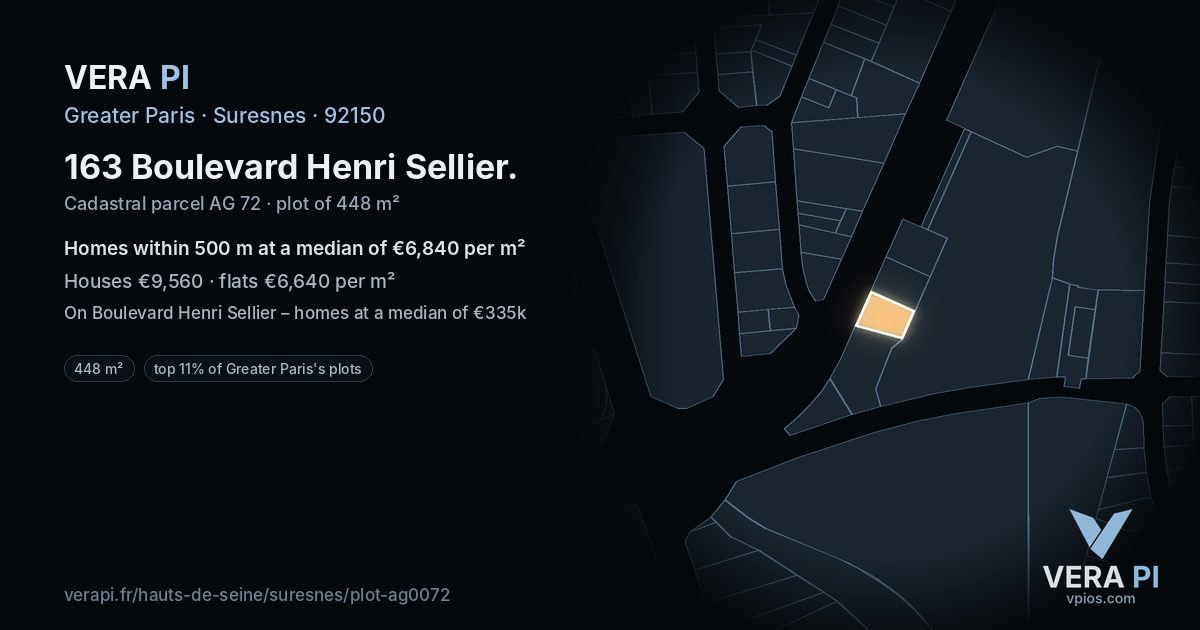 163 Boulevard Henri Sellier, Suresnes at night – the plot lit, the parcels around coloured by the prices near them