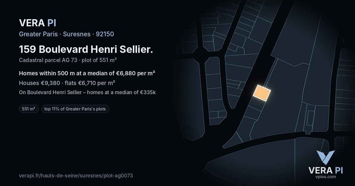 159 Boulevard Henri Sellier, Suresnes at night – the plot lit, the parcels around coloured by the prices near them