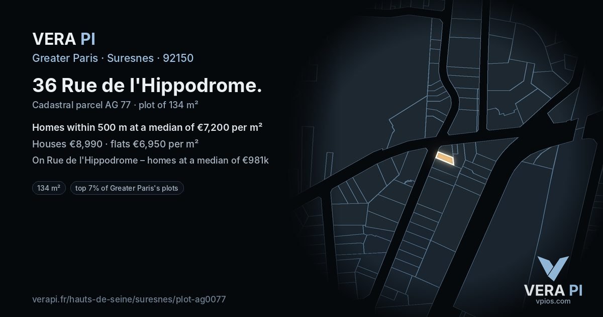 36 Rue de l'Hippodrome, Suresnes at night – the plot lit, the parcels around coloured by the prices near them