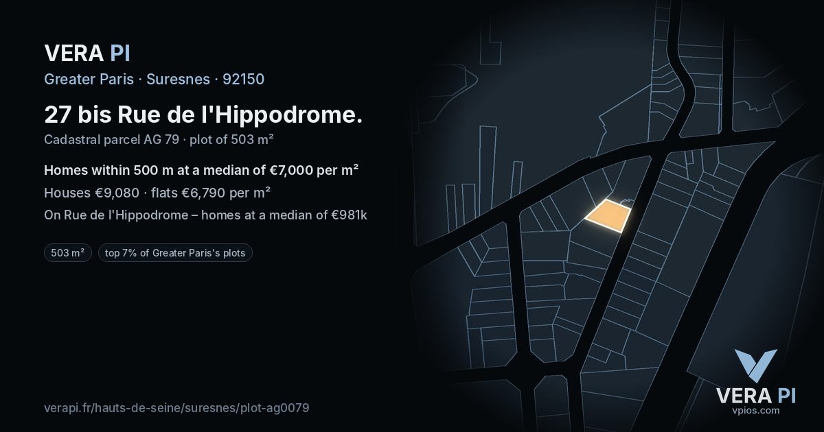 27 bis Rue de l'Hippodrome, Suresnes at night – the plot lit, the parcels around coloured by the prices near them