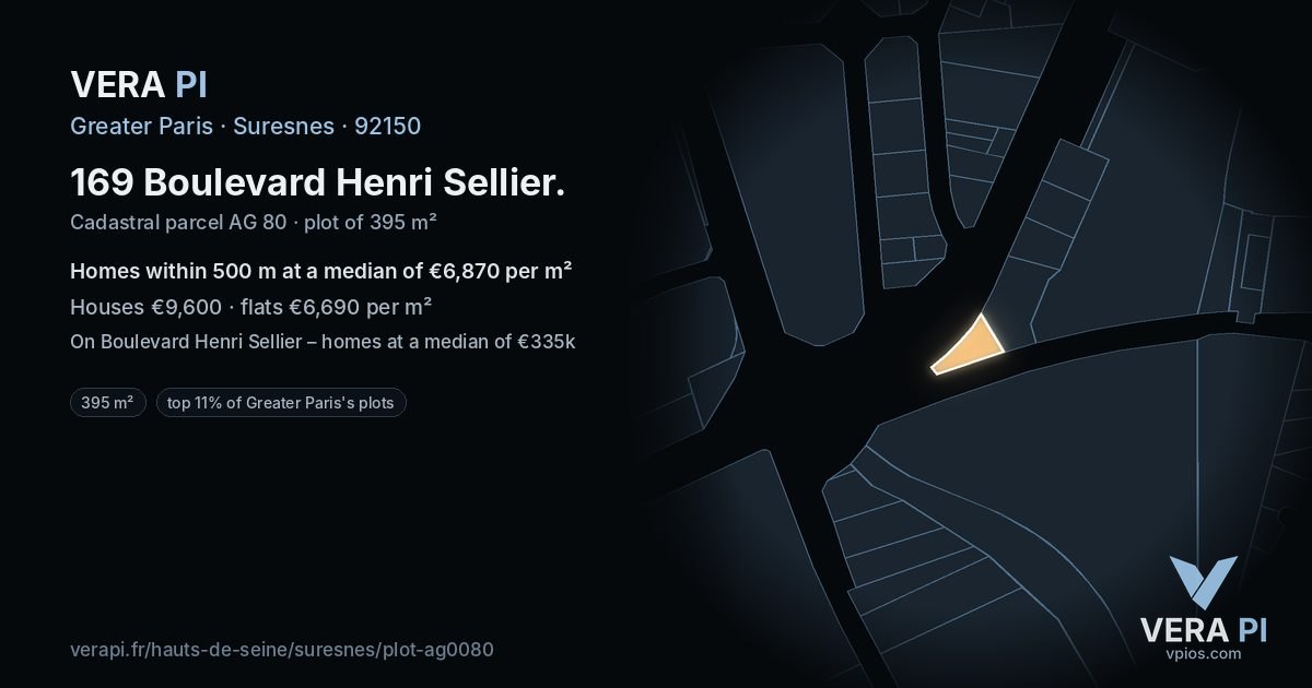 169 Boulevard Henri Sellier, Suresnes at night – the plot lit, the parcels around coloured by the prices near them