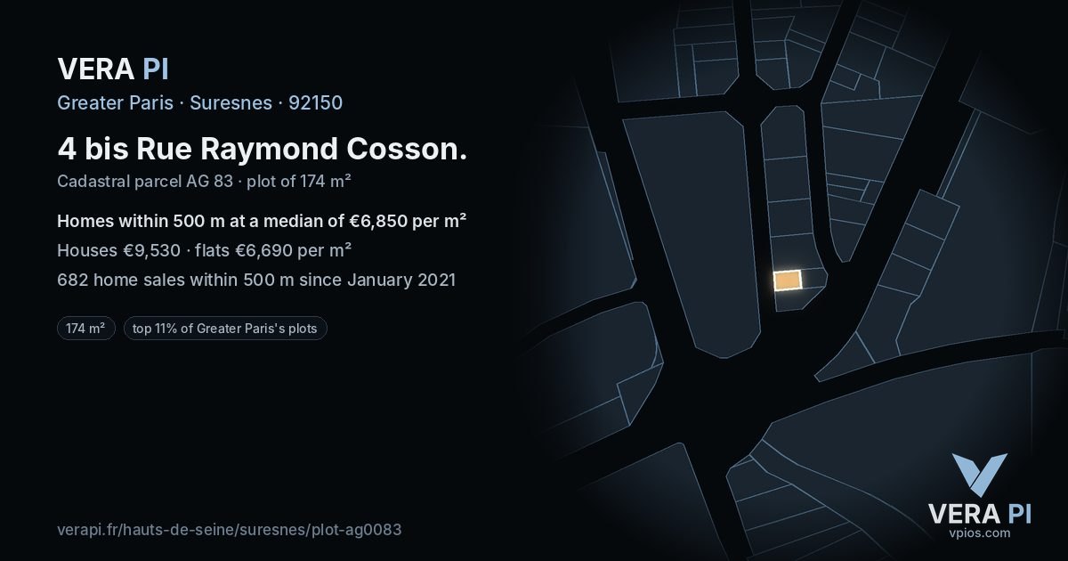 4 bis Rue Raymond Cosson, Suresnes at night – the plot lit, the parcels around coloured by the prices near them