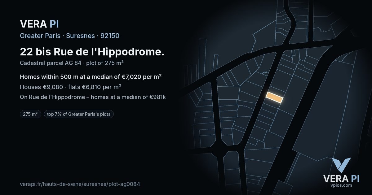 22 bis Rue de l'Hippodrome, Suresnes at night – the plot lit, the parcels around coloured by the prices near them