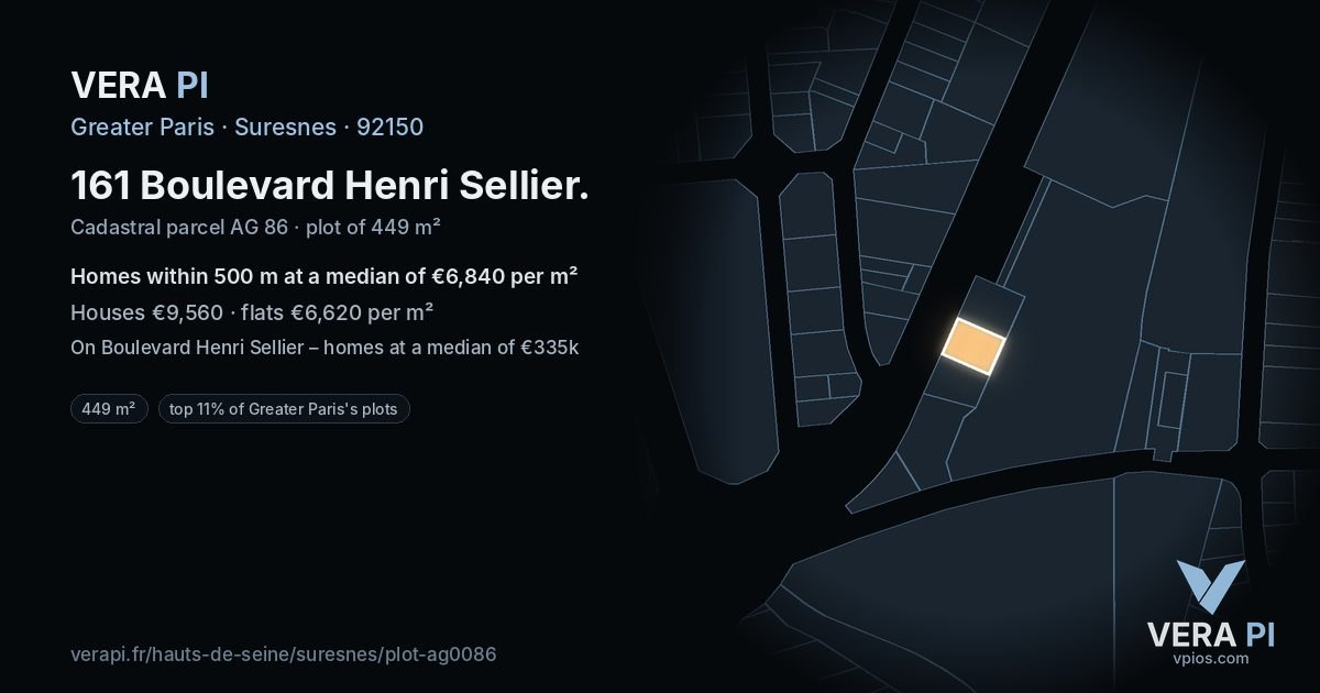 161 Boulevard Henri Sellier, Suresnes at night – the plot lit, the parcels around coloured by the prices near them