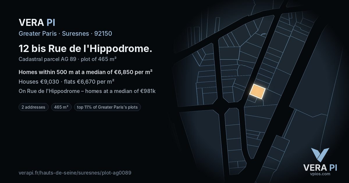 12 bis Rue de l'Hippodrome, Suresnes at night – the plot lit, the parcels around coloured by the prices near them