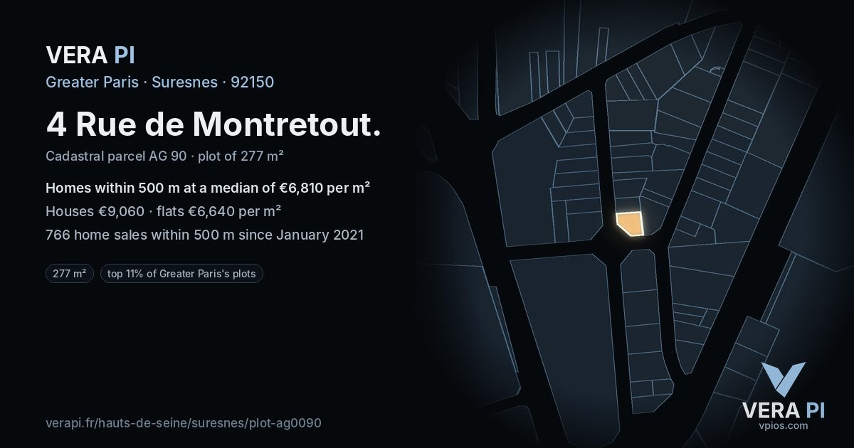 4 Rue de Montretout, Suresnes at night – the plot lit, the parcels around coloured by the prices near them