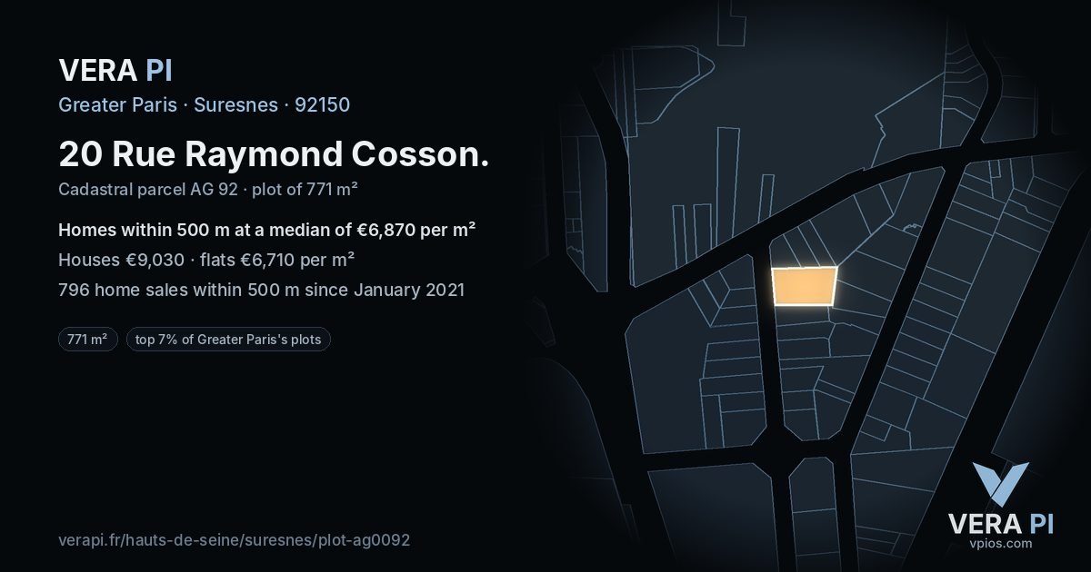 20 Rue Raymond Cosson, Suresnes at night – the plot lit, the parcels around coloured by the prices near them