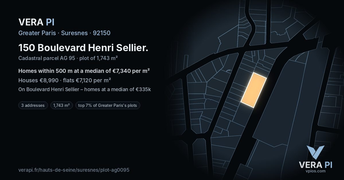 150 Boulevard Henri Sellier, Suresnes at night – the plot lit, the parcels around coloured by the prices near them
