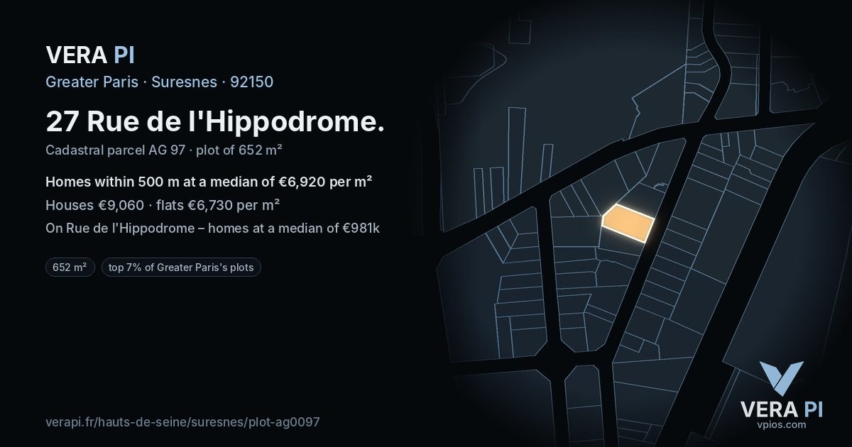 27 Rue de l'Hippodrome, Suresnes at night – the plot lit, the parcels around coloured by the prices near them