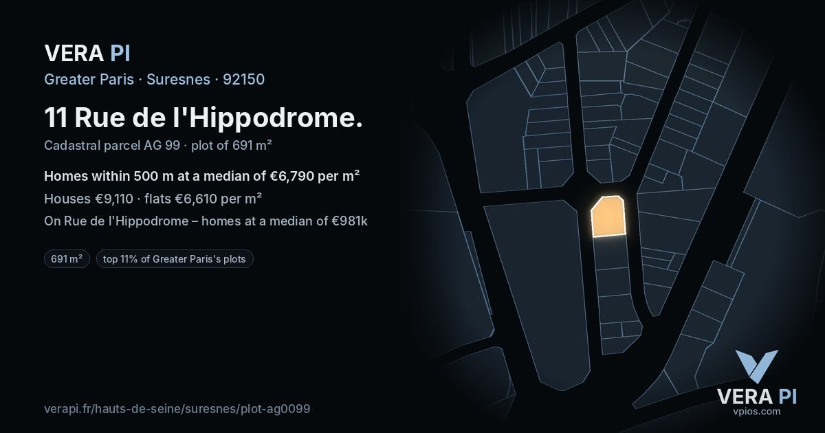 11 Rue de l'Hippodrome, Suresnes at night – the plot lit, the parcels around coloured by the prices near them