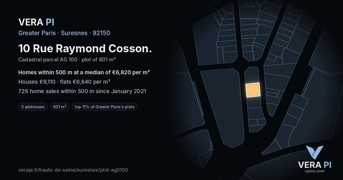 10 Rue Raymond Cosson, Suresnes at night – the plot lit, the parcels around coloured by the prices near them