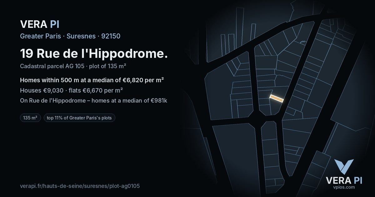 19 Rue de l'Hippodrome, Suresnes at night – the plot lit, the parcels around coloured by the prices near them