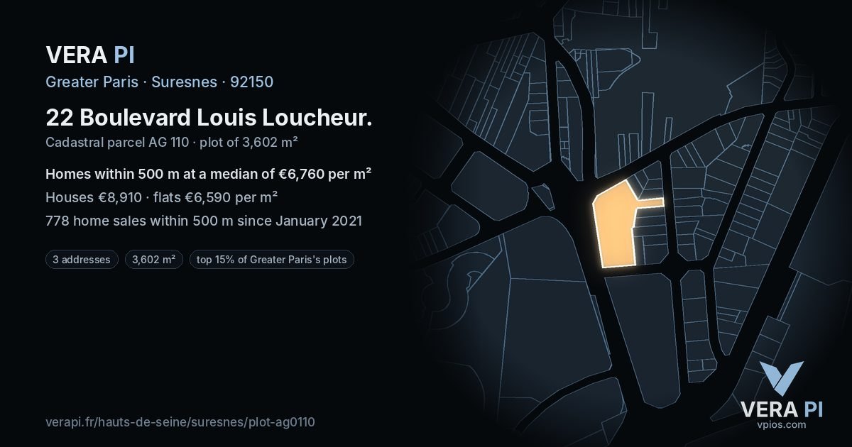 22 Boulevard Louis Loucheur, Suresnes at night – the plot lit, the parcels around coloured by the prices near them
