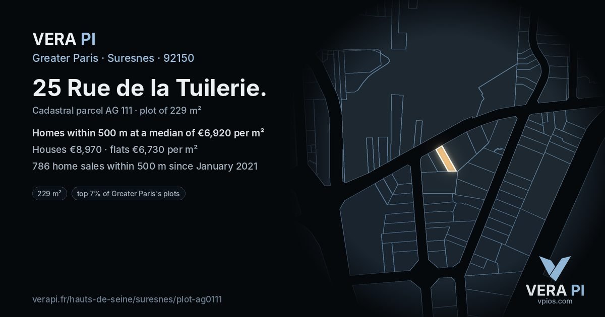 25 Rue de la Tuilerie, Suresnes at night – the plot lit, the parcels around coloured by the prices near them