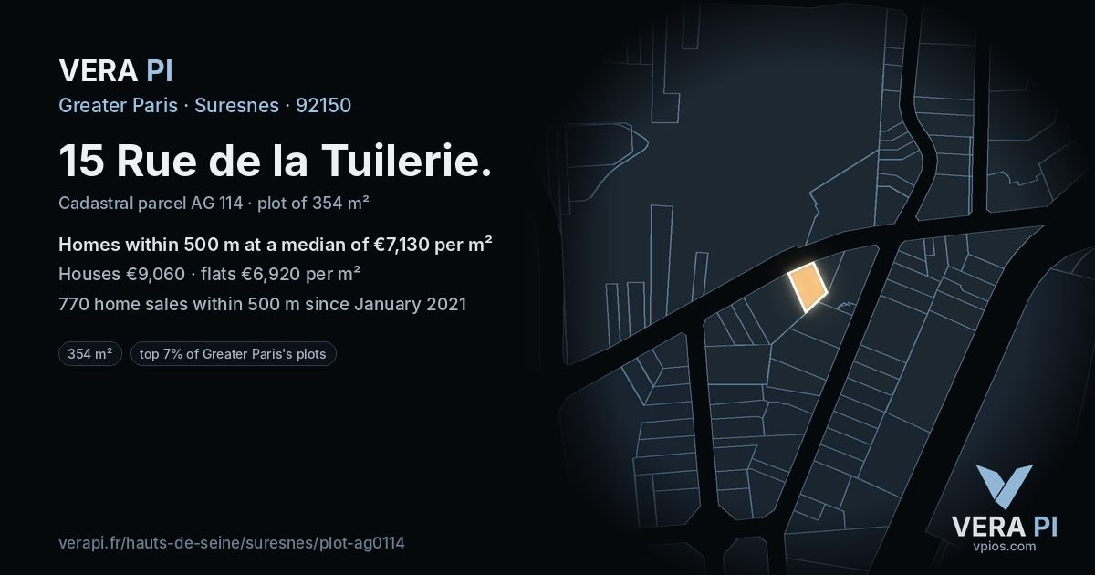 15 Rue de la Tuilerie, Suresnes at night – the plot lit, the parcels around coloured by the prices near them