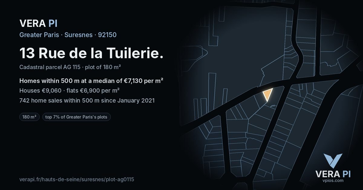 13 Rue de la Tuilerie, Suresnes at night – the plot lit, the parcels around coloured by the prices near them