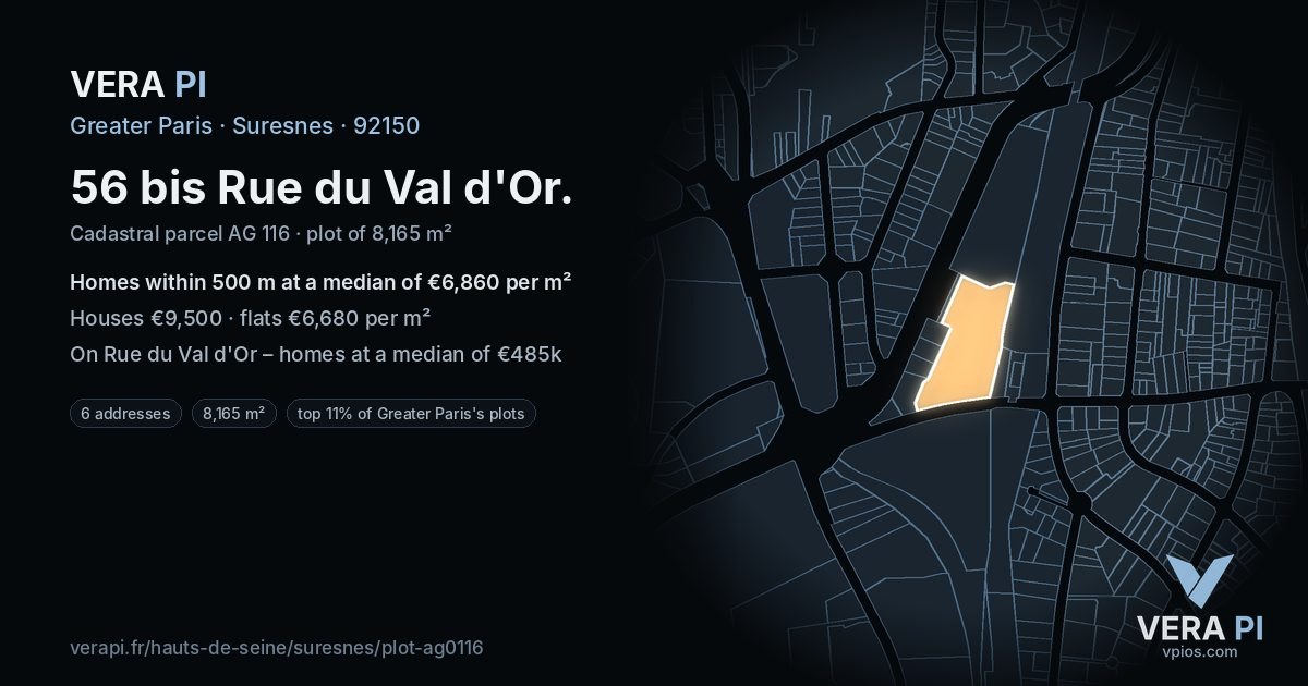 56 bis Rue du Val d'Or, Suresnes at night – the plot lit, the parcels around coloured by the prices near them