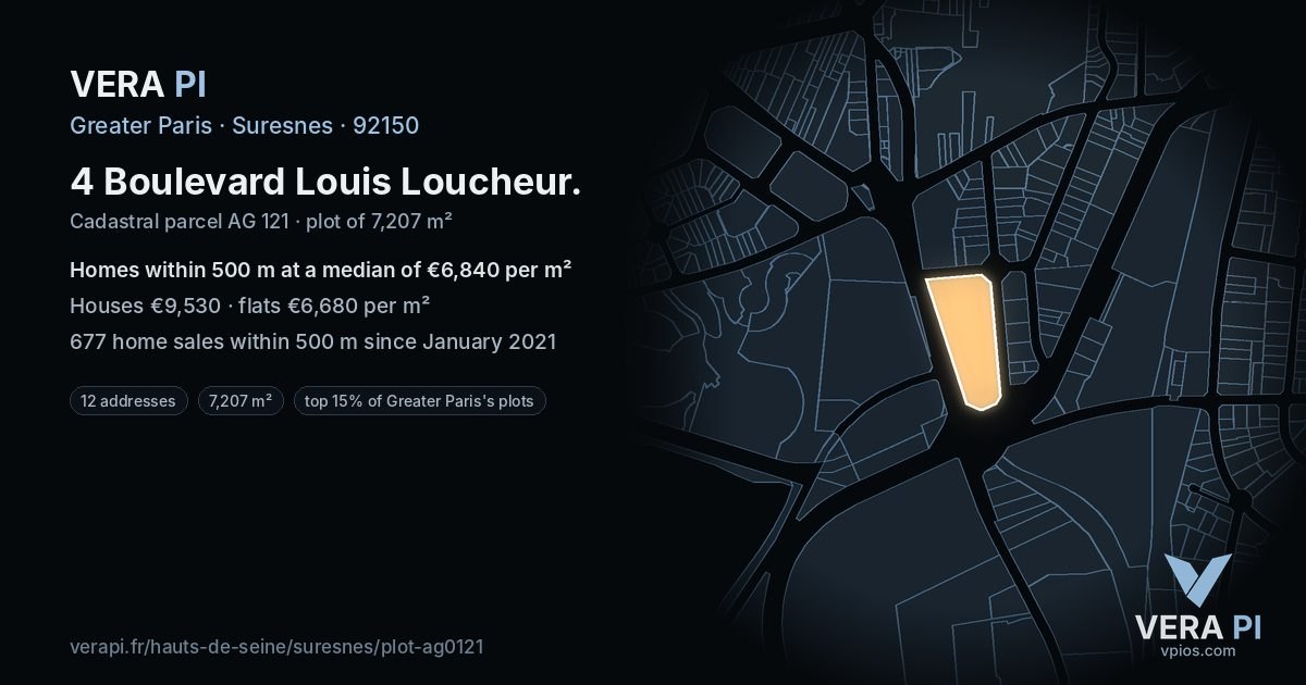 4 Boulevard Louis Loucheur, Suresnes at night – the plot lit, the parcels around coloured by the prices near them