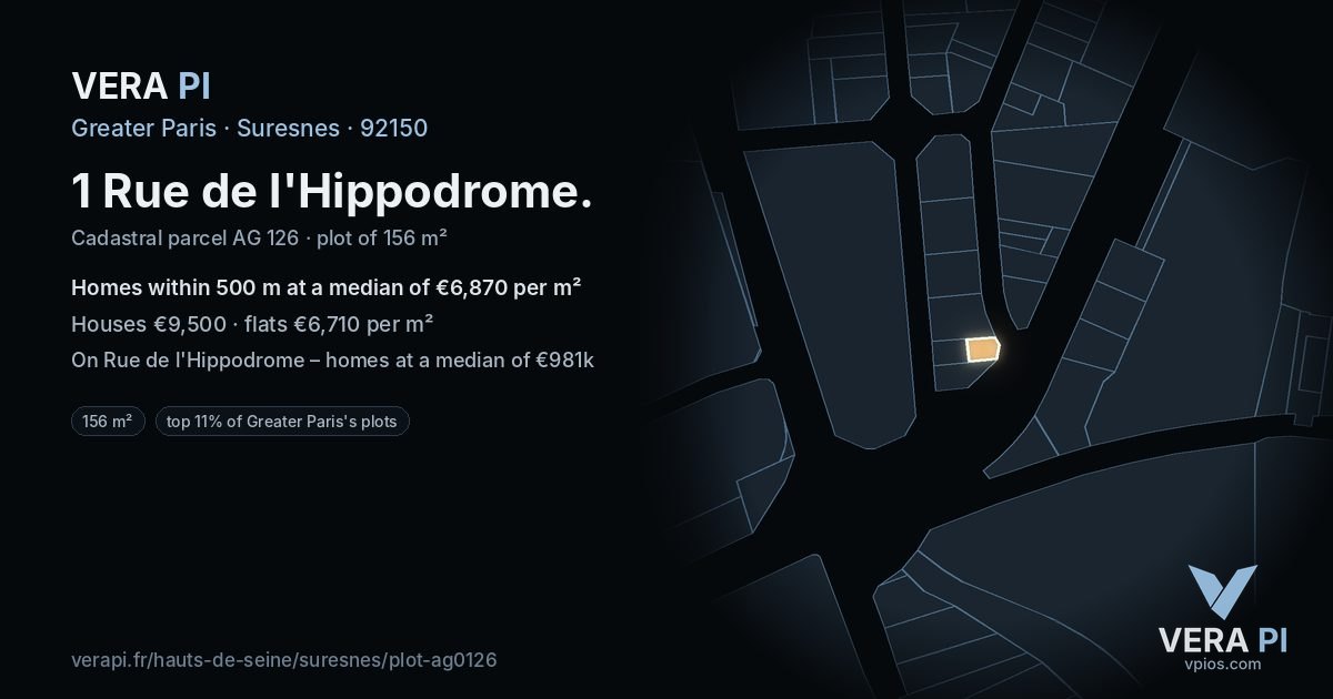 1 Rue de l'Hippodrome, Suresnes at night – the plot lit, the parcels around coloured by the prices near them