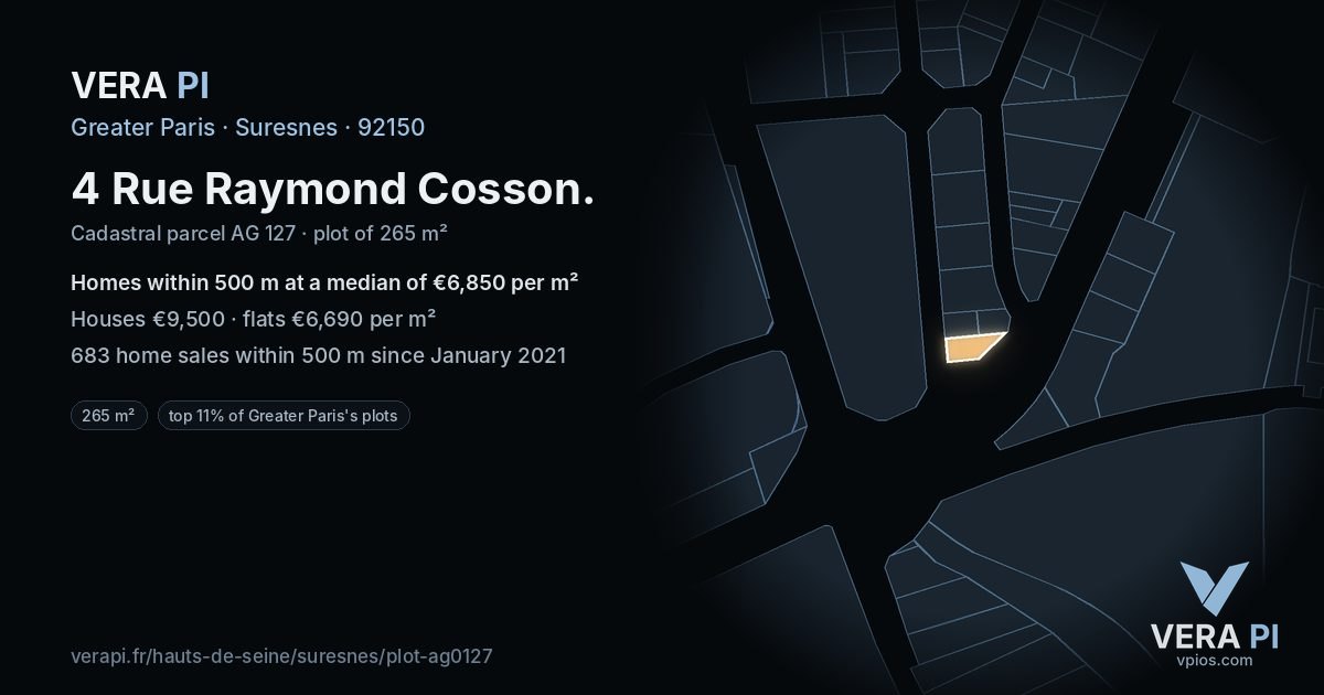 4 Rue Raymond Cosson, Suresnes at night – the plot lit, the parcels around coloured by the prices near them