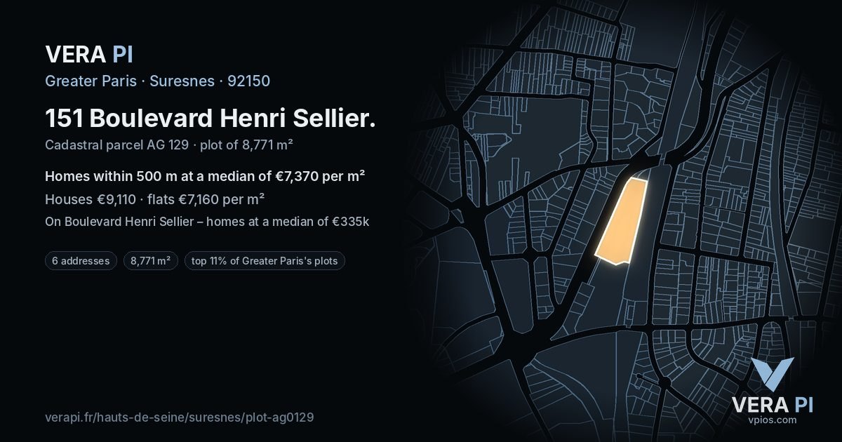 151 Boulevard Henri Sellier, Suresnes at night – the plot lit, the parcels around coloured by the prices near them