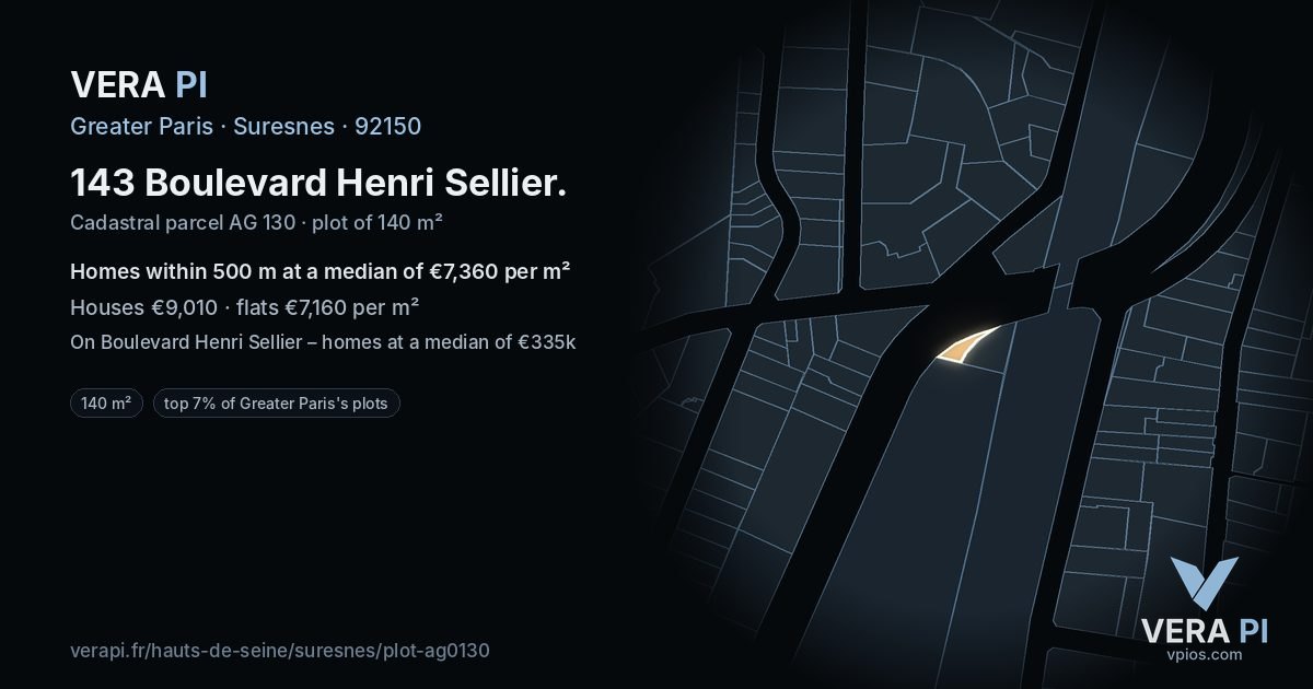 143 Boulevard Henri Sellier, Suresnes at night – the plot lit, the parcels around coloured by the prices near them