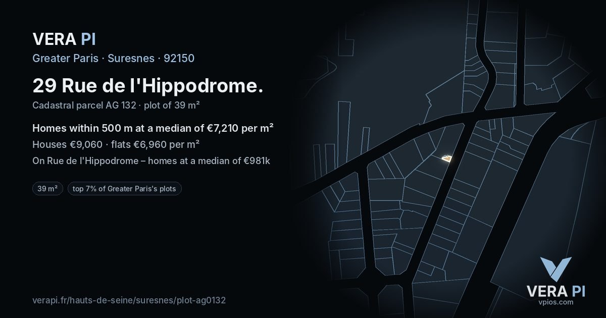 29 Rue de l'Hippodrome, Suresnes at night – the plot lit, the parcels around coloured by the prices near them