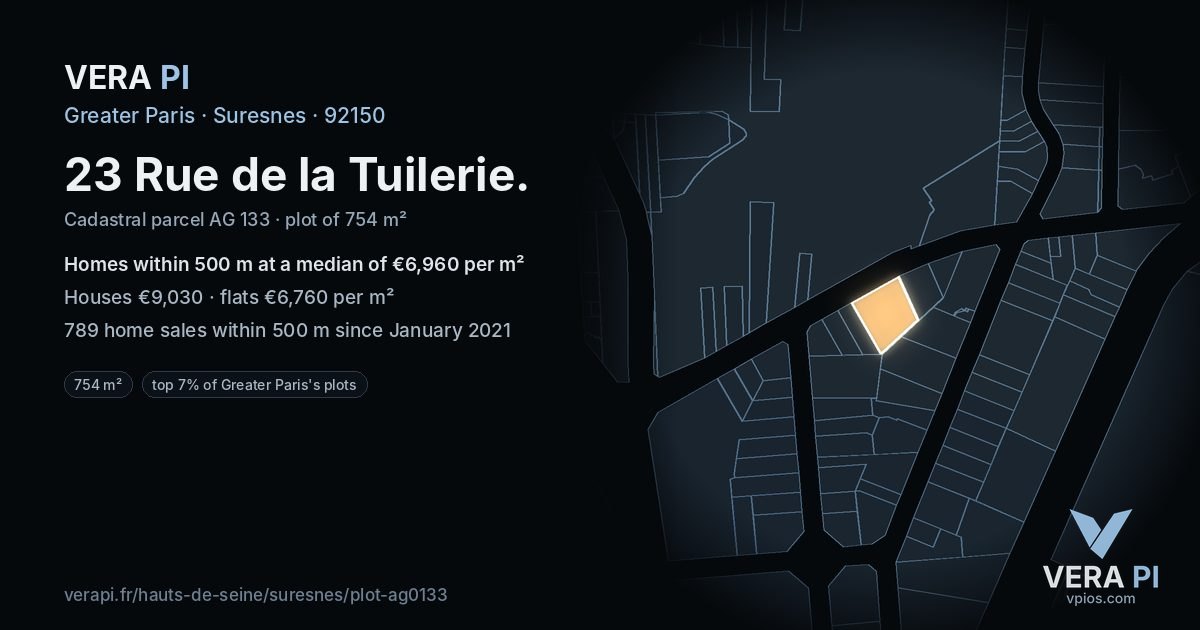 23 Rue de la Tuilerie, Suresnes at night – the plot lit, the parcels around coloured by the prices near them