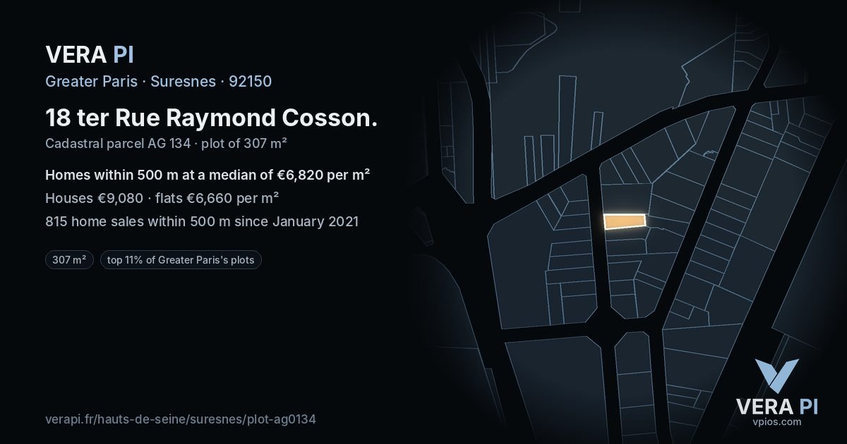 18 ter Rue Raymond Cosson, Suresnes at night – the plot lit, the parcels around coloured by the prices near them