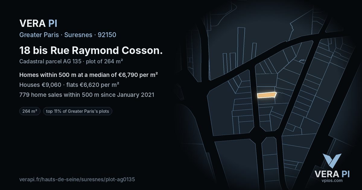 18 bis Rue Raymond Cosson, Suresnes at night – the plot lit, the parcels around coloured by the prices near them