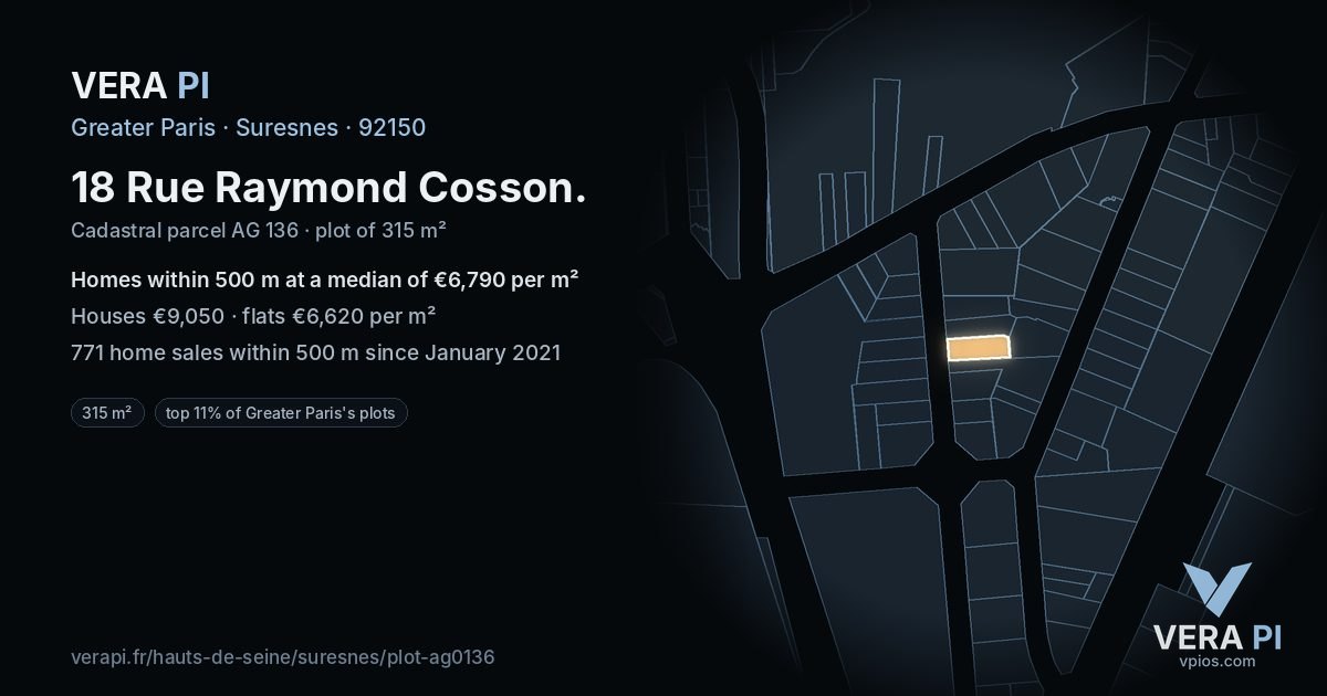 18 Rue Raymond Cosson, Suresnes at night – the plot lit, the parcels around coloured by the prices near them