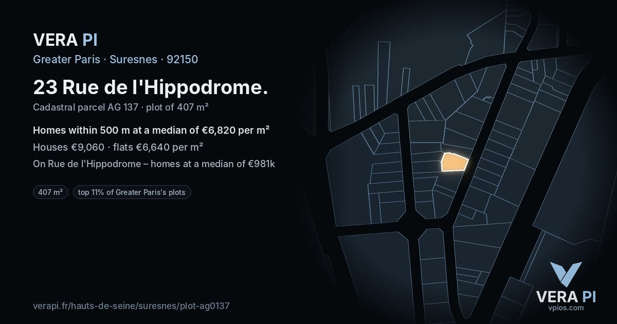 23 Rue de l'Hippodrome, Suresnes at night – the plot lit, the parcels around coloured by the prices near them